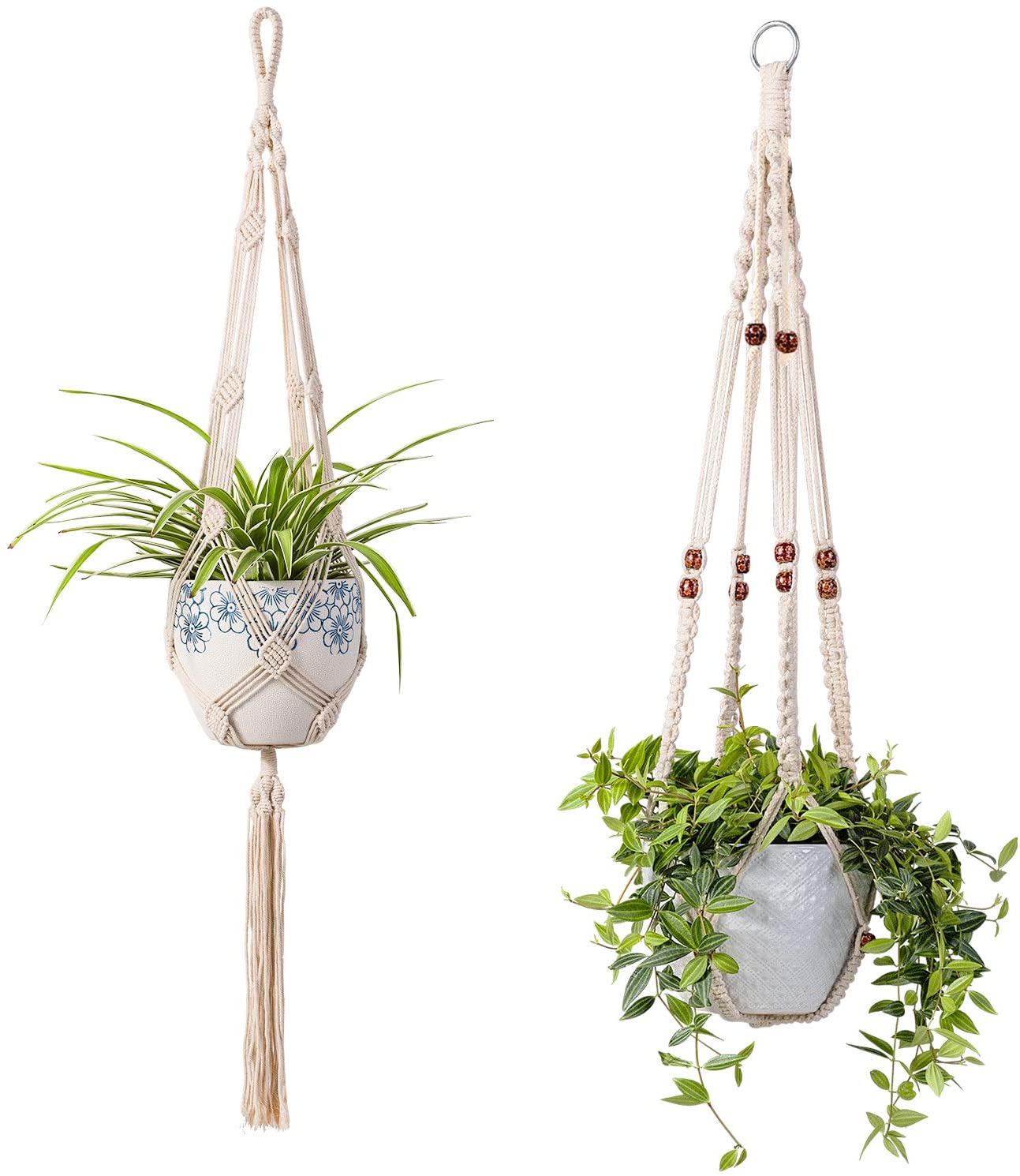 two tier macrame plant hanging detail Set of 2 Double Macrame Plant Hanger