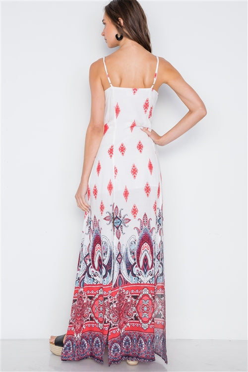 Berry Red Paisley Print Cami M-Slit Maxi Dress